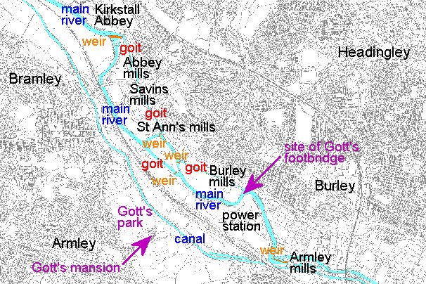 Network of weirs and goits in the Kirkstall Valley